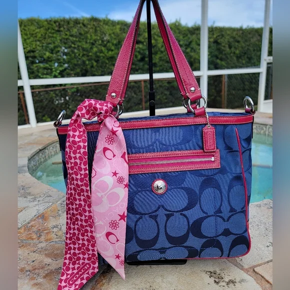 Coach Navy And Fuchia Laura Signature Monogram Jacquard Tote - Picture 9 of 16